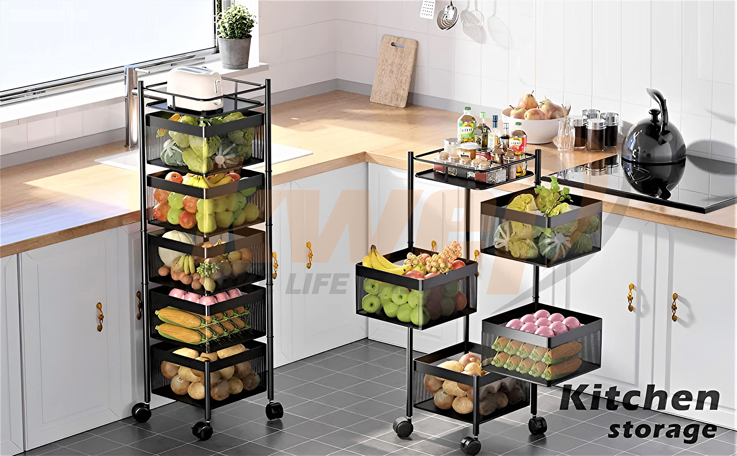 KWER Kitchen Trolley Square Onion Baskets for Storage Layer-3 Kitchen Accessories Items and Vegetable Basket for Kitchen Organiz